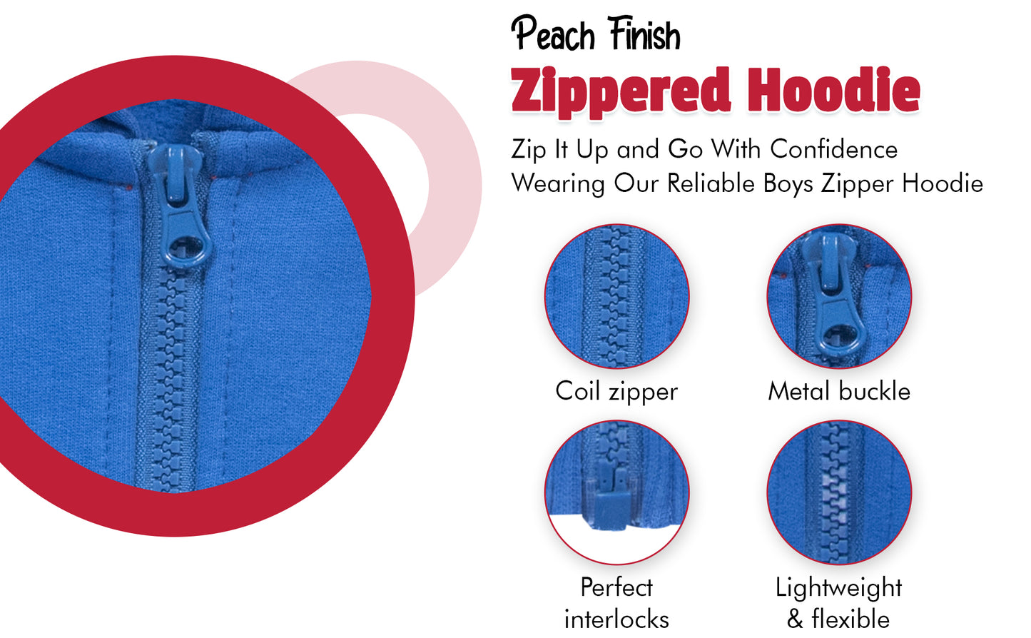 Boys Athletic Cotton Zipper Hoodie - Blue