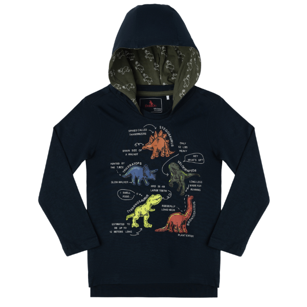 Boys Long Sleeve Hooded T-Shirt - Dino Facts Navy