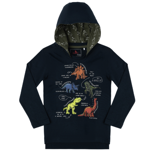 Boys Long Sleeve Hooded T-Shirt - Dino Facts Navy