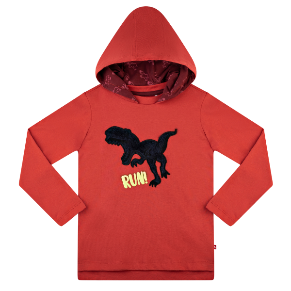 Boys Long Sleeve Hooded T-Shirt - Dino Facts Red Orange