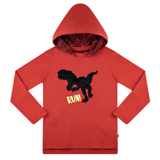 Boys Long Sleeve Hooded T-Shirt - Dino Facts Red Orange