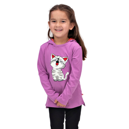 Girls Long Sleeve Hooded T-Shirt - Cat Purple