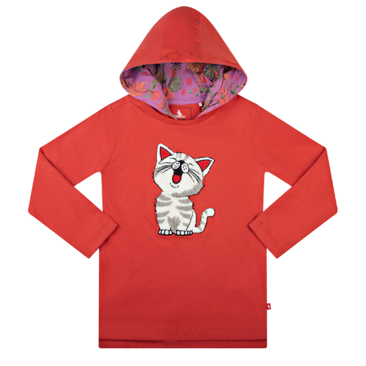 Girls Long Sleeve Hooded T-Shirt - Cat Red