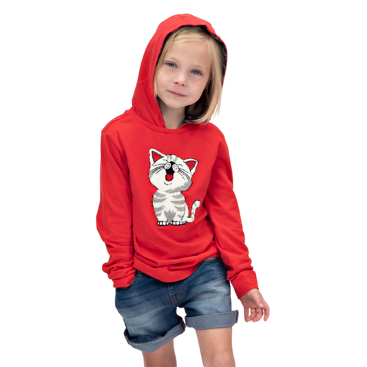 Girls Long Sleeve Hooded T-Shirt - Cat Red