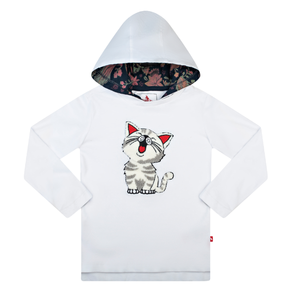 Girls Long Sleeve Hooded T-Shirt - Cat White