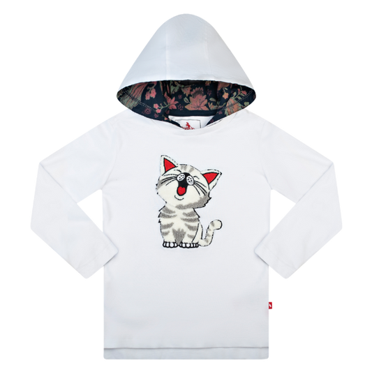 Girls Long Sleeve Hooded T-Shirt - Cat White