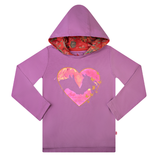 Girls Long Sleeve Hooded T-Shirt - Heart Horses Purple