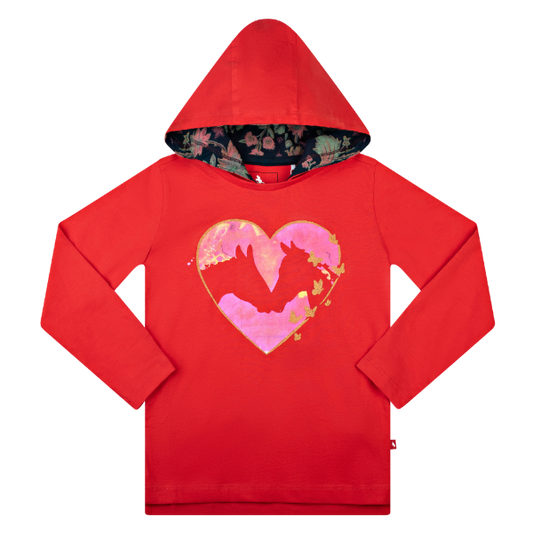 Girls Long Sleeve Hooded T-Shirt - Heart Horses Red