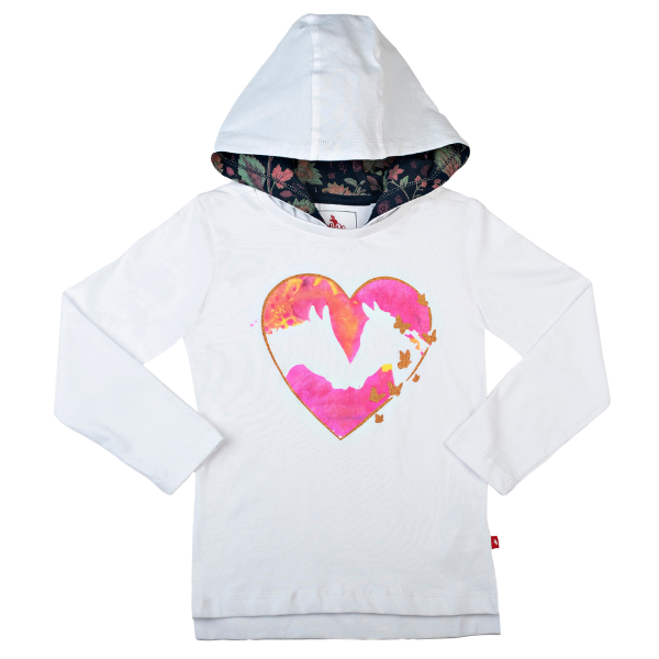 Girls Long Sleeve Hooded T-Shirt - Heart Horses White