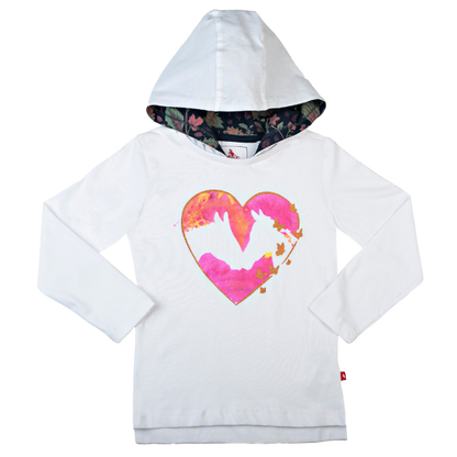 Girls Long Sleeve Hooded T-Shirt - Heart Horses White