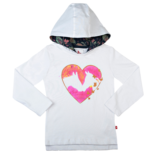 Girls Long Sleeve Hooded T-Shirt - Heart Horses White