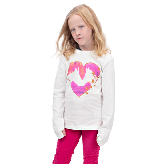 Girls Long Sleeve Hooded T-Shirt - Heart Horses White