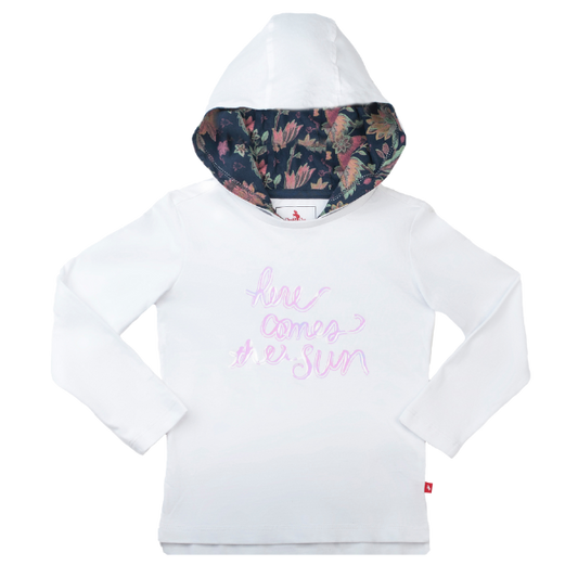 Girls Long Sleeve Hooded T-Shirt - Here Comes the Sun White