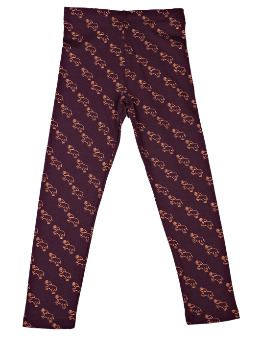 Girls Leggings Slim Fit - Dark Purple with Peach Elephant Print