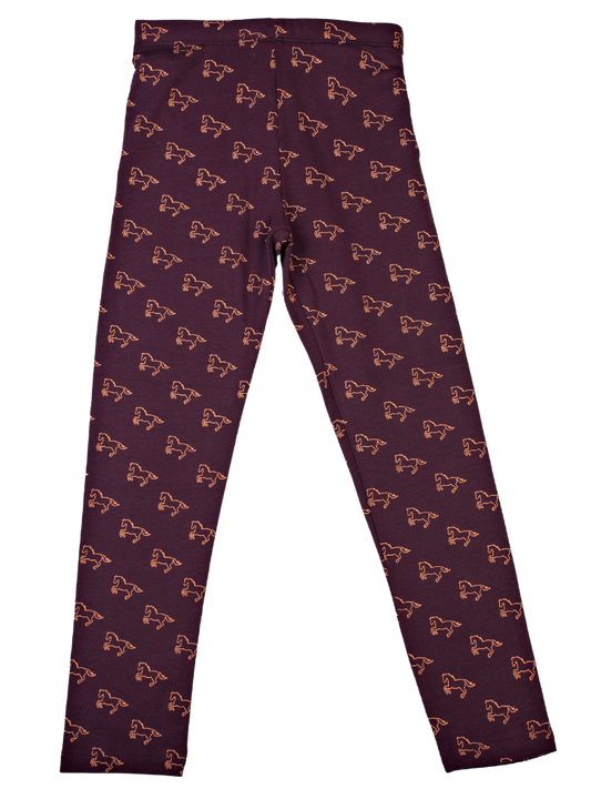 Girls Leggings Slim Fit - Dark Purple with Peach Horse Print