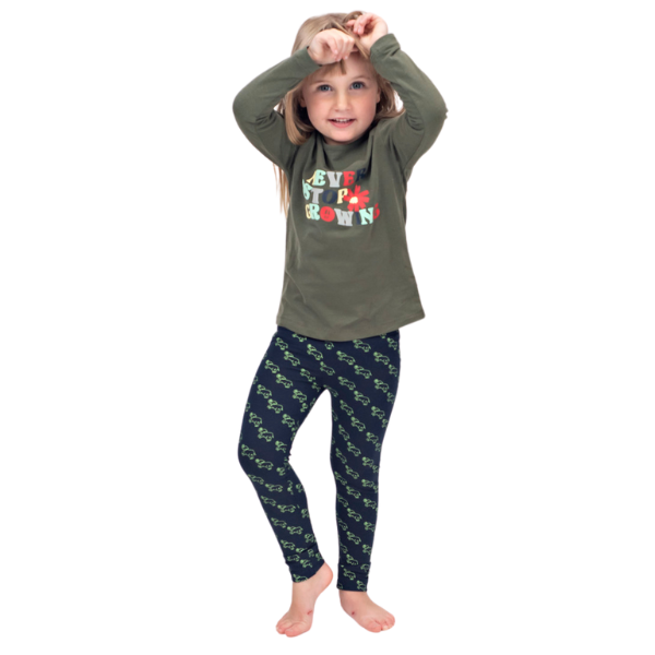 Girls Leggings Slim Fit - Navy with Green Elephant Print