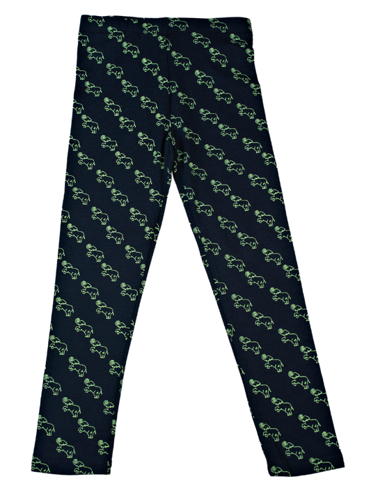 Girls Leggings Slim Fit - Navy with Green Elephant Print