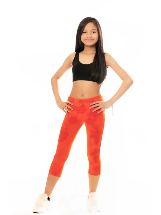 Girls Activewear Capri Leggings - Orange Tie Dye